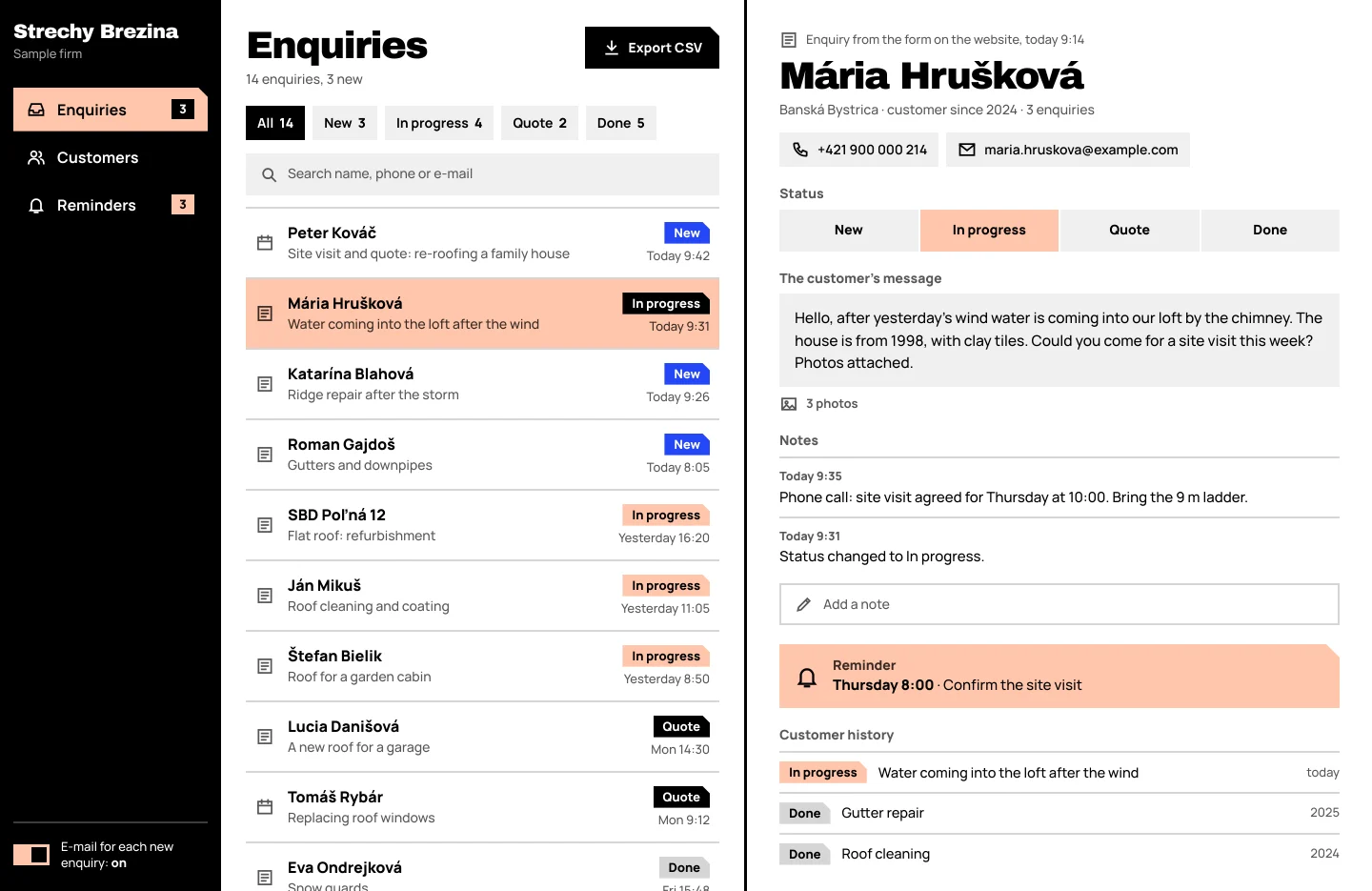 A demo of the CRM Enquiries and customers for the invented firm Strechy Brezina: the list of enquiries with statuses on the left, a customer’s details with notes, a reminder and history on the right. The data is invented.