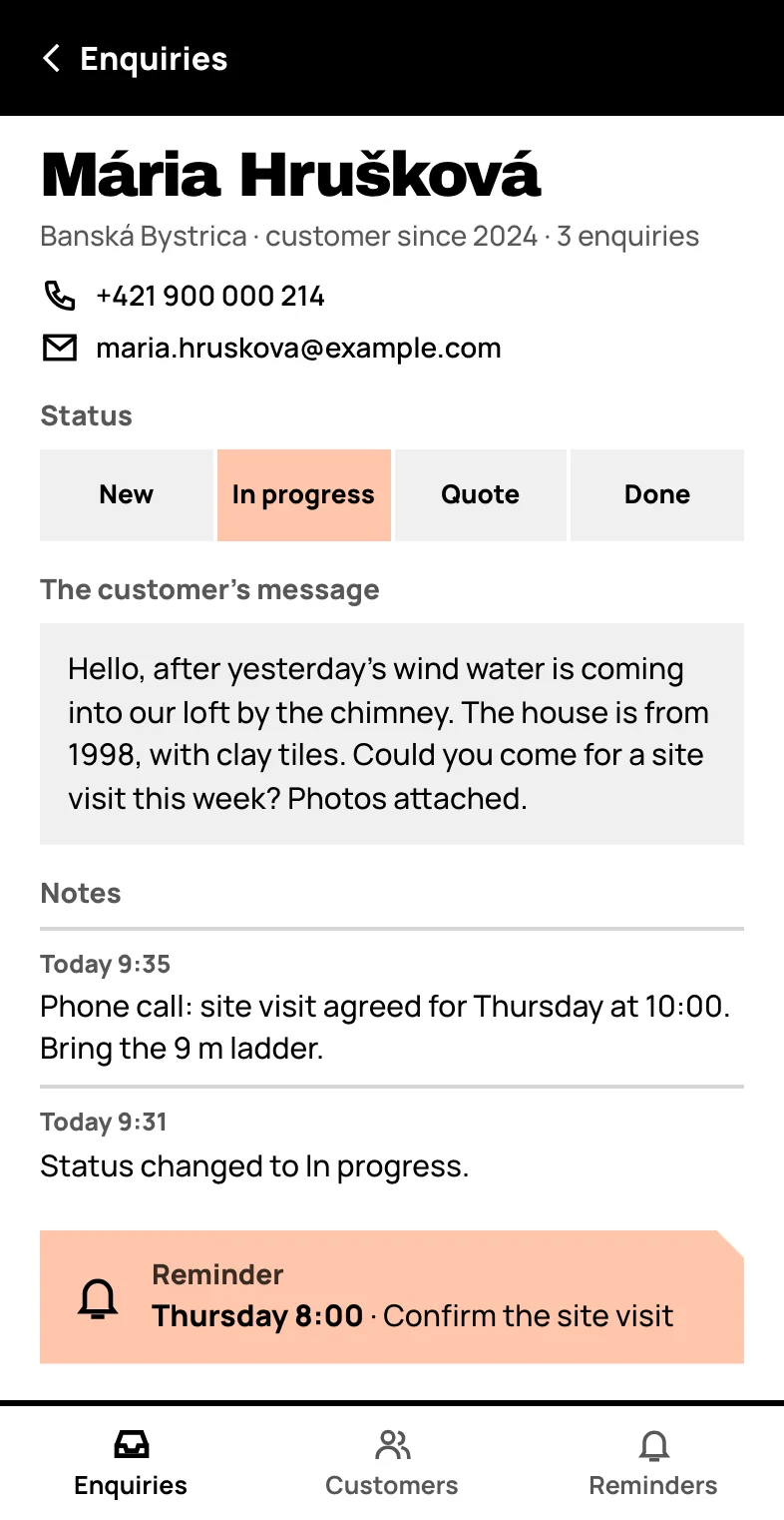 A CRM demo on a phone: one enquiry with its status, the message from the form, notes and a reminder. The data is invented.