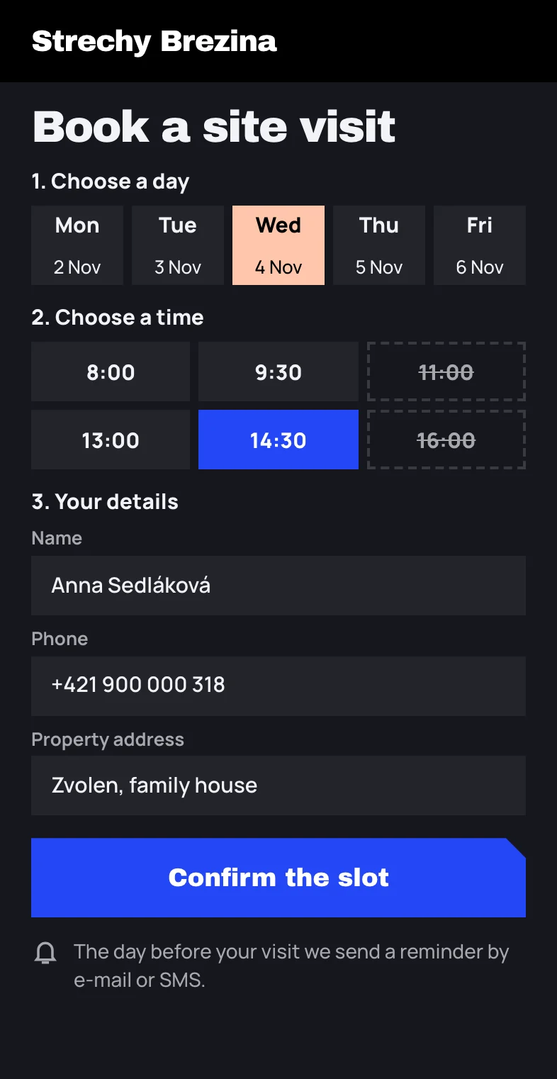 A demo of online booking on a phone: choosing a day and a free time for a site visit, the customer’s details and the button that confirms the slot. The data is invented.